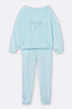 River Island, Set de bluza sport de velur si pantaloni cu logo, 2 piese, Albastru deschis River Island, Set de bluza sport de velur si pantaloni cu logo, 2 piese, Albastru deschis