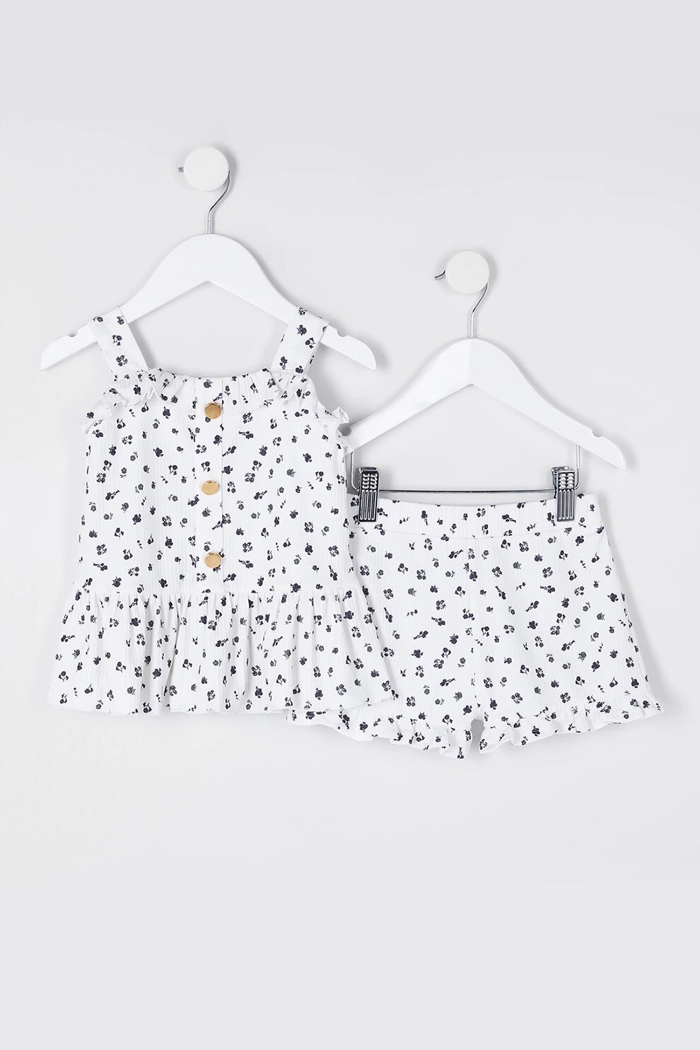 River Island, Set de pantaloni scurti si top cu imprimeu - 2 piese, Alb/Negru