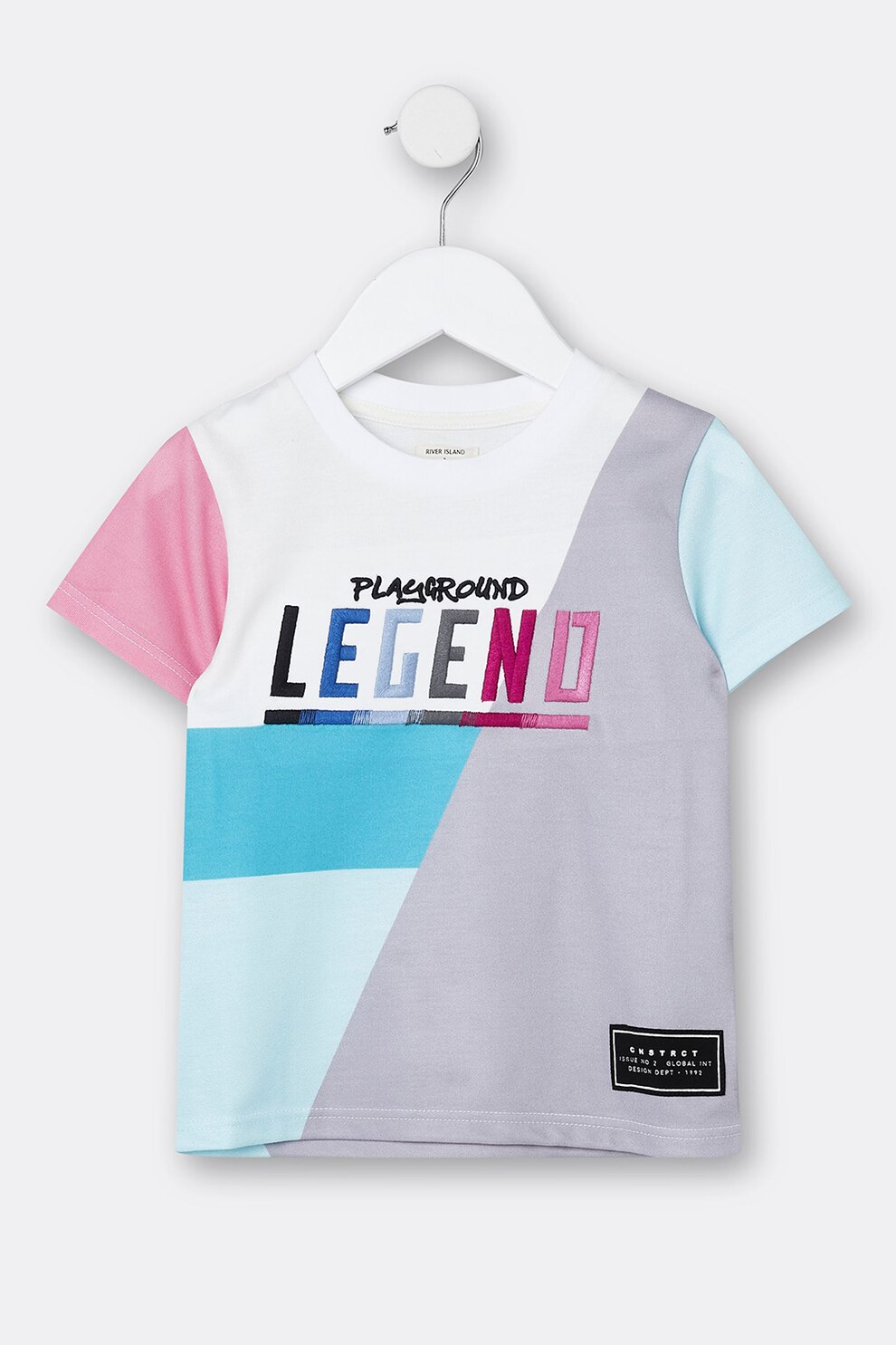 River Island, Tricou colorblock cu text brodat, Bleu/Roz/Gri, 86 CM