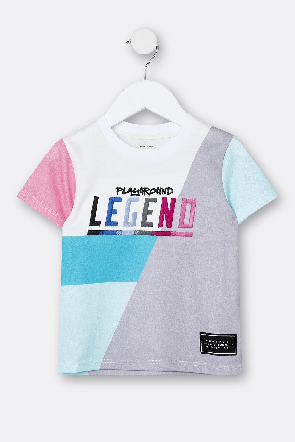 River Island, Tricou cu text brodat si model colorblock, Bleu/Roz/Gri