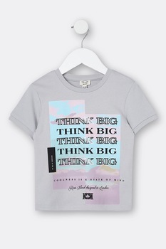River Island, Tricou cu decolteu la baza gatului si imprimeu, Gri River Island, Tricou cu decolteu la baza gatului si imprimeu, Gri