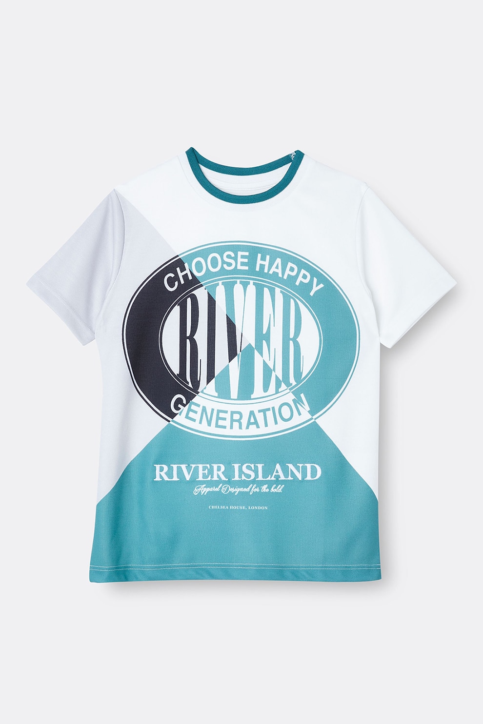 River Island, Tricou colorblock cu logo, Albastru/Alb