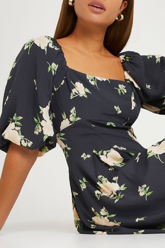 River Island, Rochie midi cu maneci bufante si imprimeu floral, Negru River Island, Rochie midi cu maneci bufante si imprimeu floral, Negru
