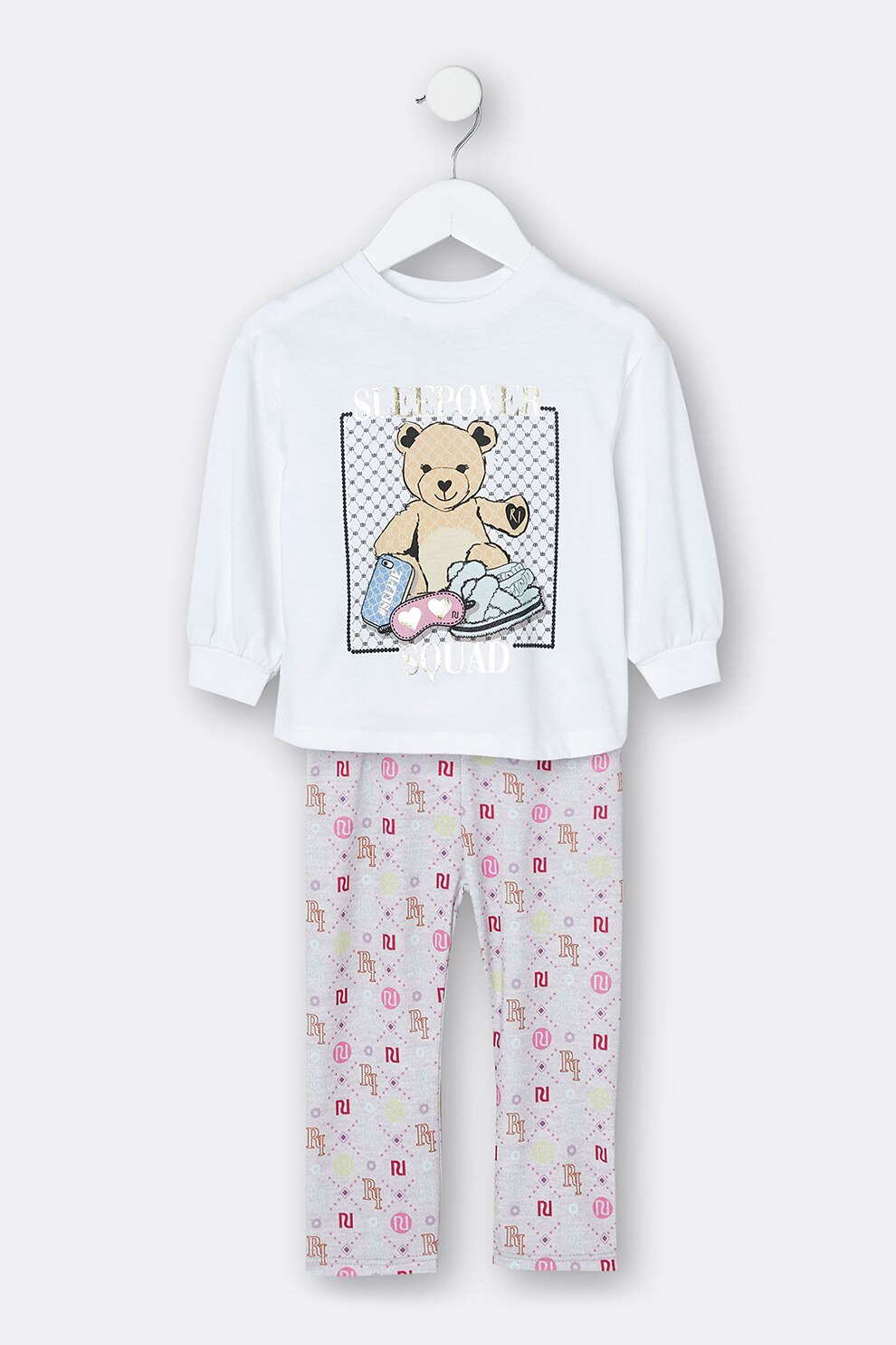 River Island, Pijama din amestec de bumbac cu imprimeu grafic, Alb/Rosu, 86 CM