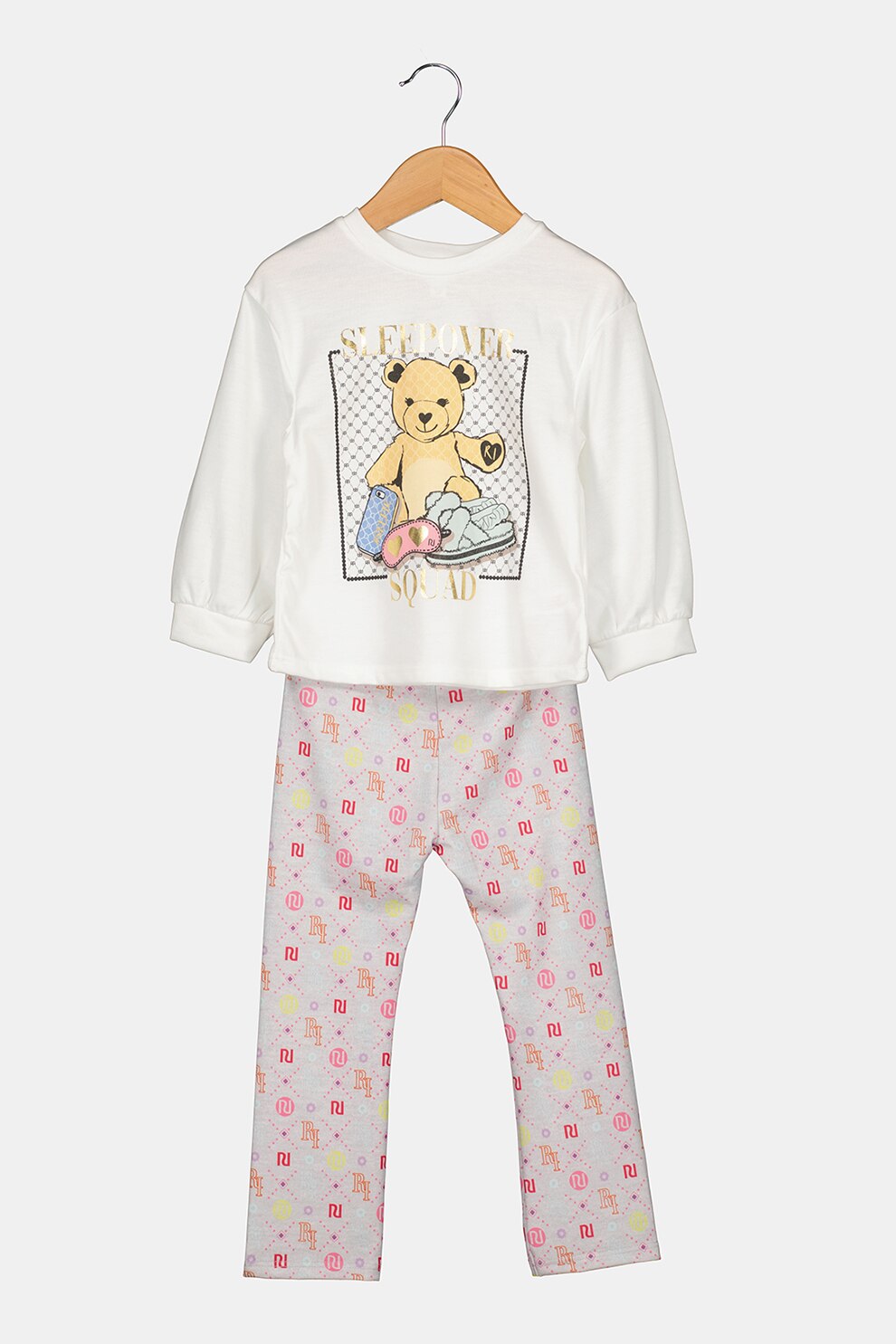 River Island, Pijama cu decolteu la baza gatului si imprimeu grafic, Multicolora