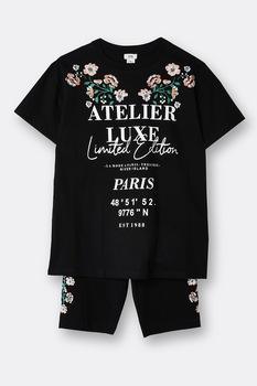 River Island, Set de tricou cu imprimeu text si colanti scurti cu broderii, 2 piese, Negru/Alb River Island, Set de tricou cu imprimeu text si colanti scurti cu broderii, 2 piese, Negru/Alb