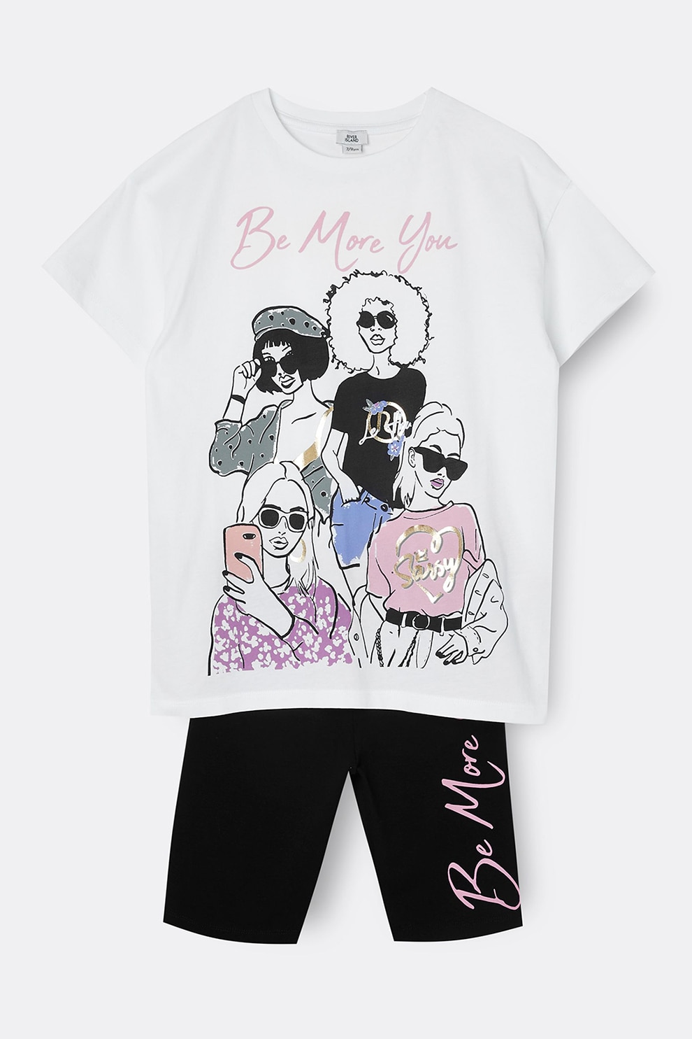 River Island, Set de tricou cu imprimeu grafic si colanti scurti, 2 piese, Alb/Negru