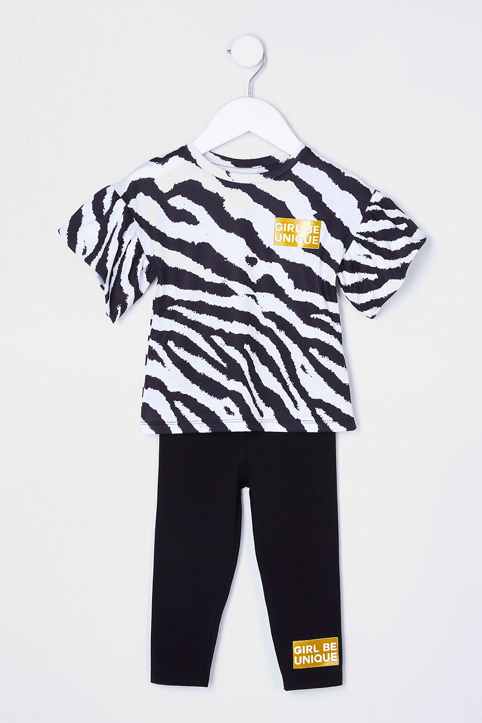 River Island, Set de tricou cu imprimeu si colanti - 2 piese, Negru/Alb, 86 CM