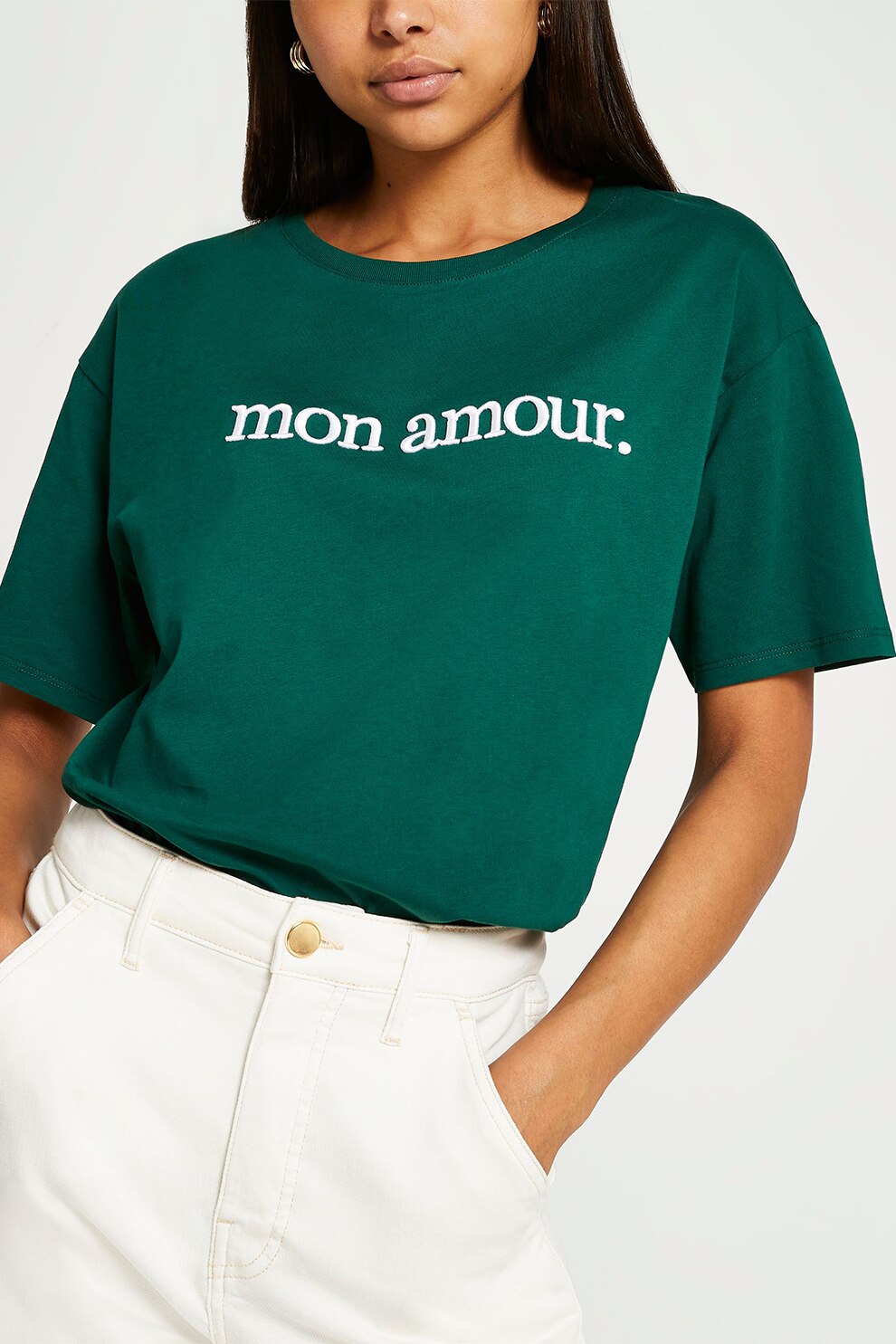 River Island, Tricou supradimensionat de bumbac cu text, Verde englez
