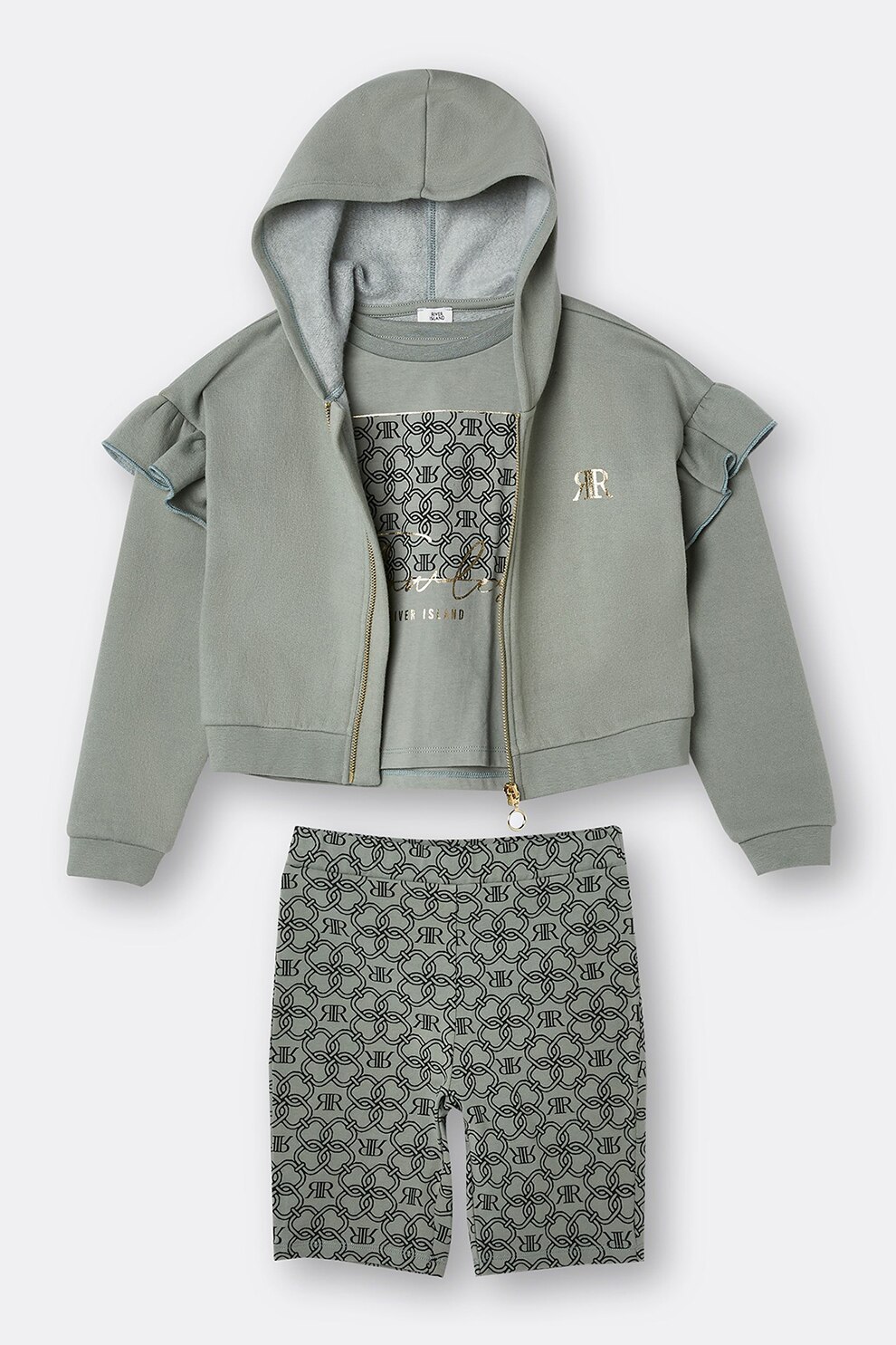 River Island, Set de colanti scurti cu imprimeu, hanorac cu fermoar si tricou - 3 piese, Gri