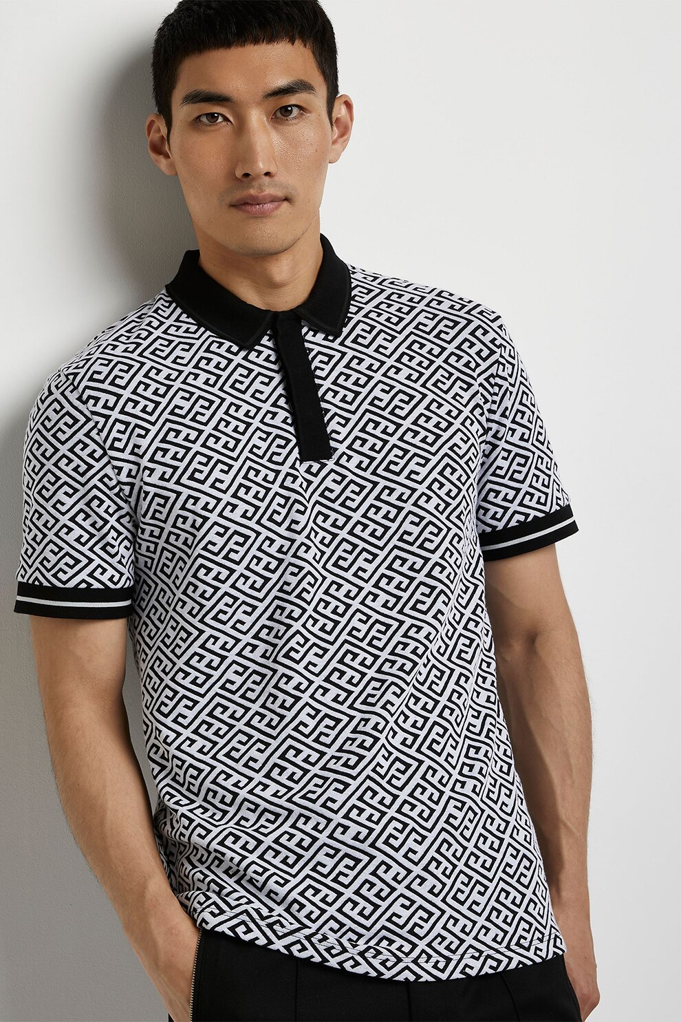 River Island, Tricou polo cu imprimeu, Negru/Alb