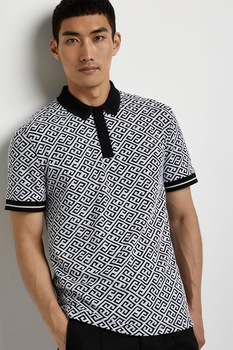 River Island, Tricou polo cu imprimeu, Negru/Alb River Island, Tricou polo cu imprimeu, Negru/Alb