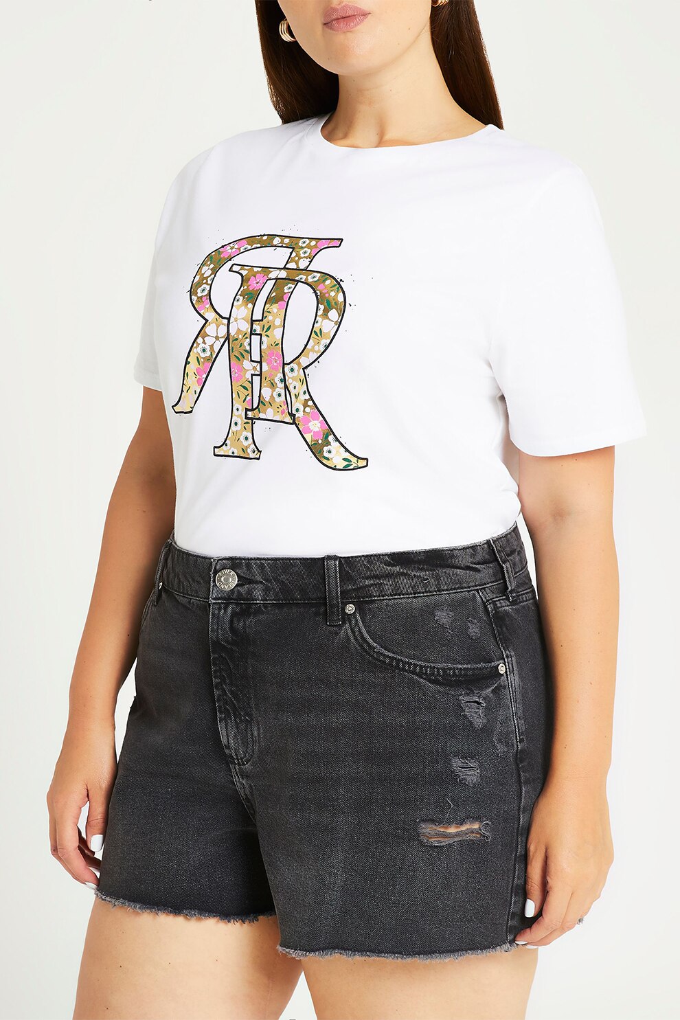 River Island, Tricou plus size cu imprimeu logo floral, Alb