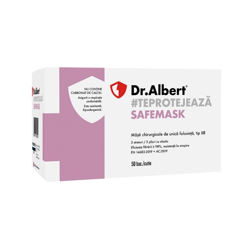 Set de 50 Masti Medicale tip IIR avizate, 3 straturi, de unica folosinta, rezistente la stropire, eficienta filtrare ≥98%, Albastre