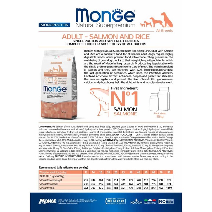 Hrana Mancare Caini Monge Somon si Orez Superpremium 15 kg