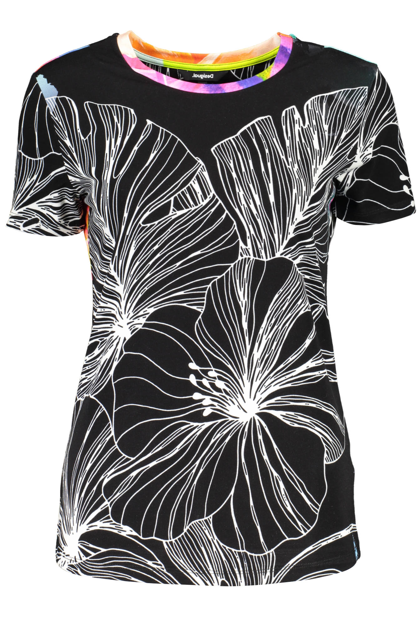 Tricou, Desigual, Negru,Floral, Logo eticheta, Negru