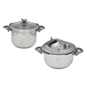Set 2 piese inox cu capac Schafer,oala sub presiune si cratita 4-6l Set 2 piese inox cu capac Schafer,oala sub presiune si cratita 4-6l
