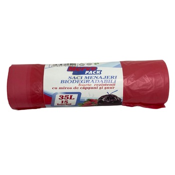 Rola saci menajeri, Merve, biodegradabili, parfumati, colorati, 35l, rosu, capsuni, 15 buc per rola Rola saci menajeri, Merve, biodegradabili, parfumati, colorati, 35l, rosu, capsuni, 15 buc per rola