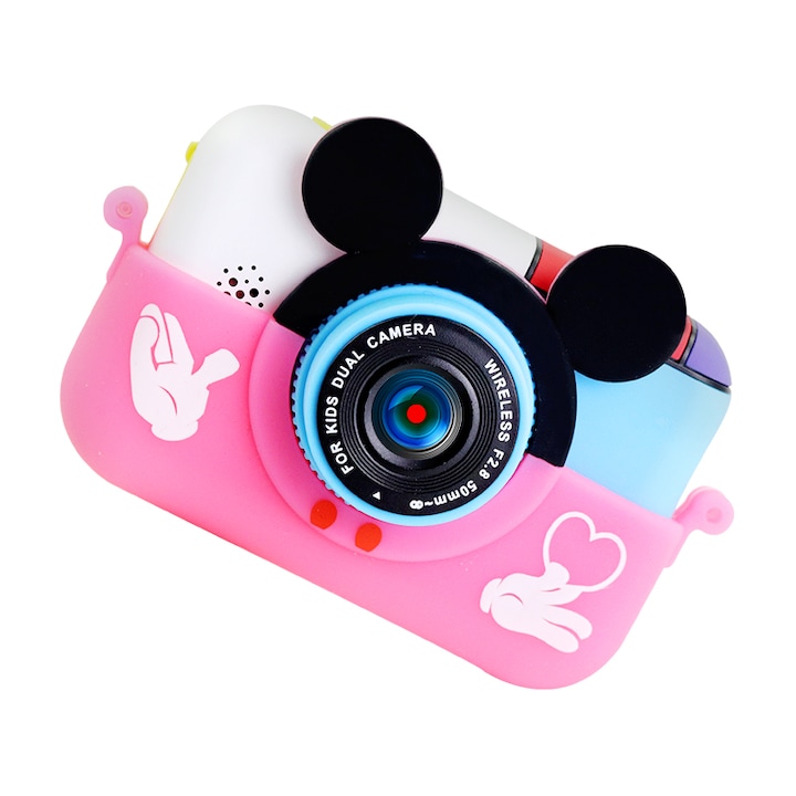 Детска фото/видео камера DacEnergy Mickey Mouse, Двойна камера, Розов, Игри, Творчески филтър, IPS екран, 2.4-инча