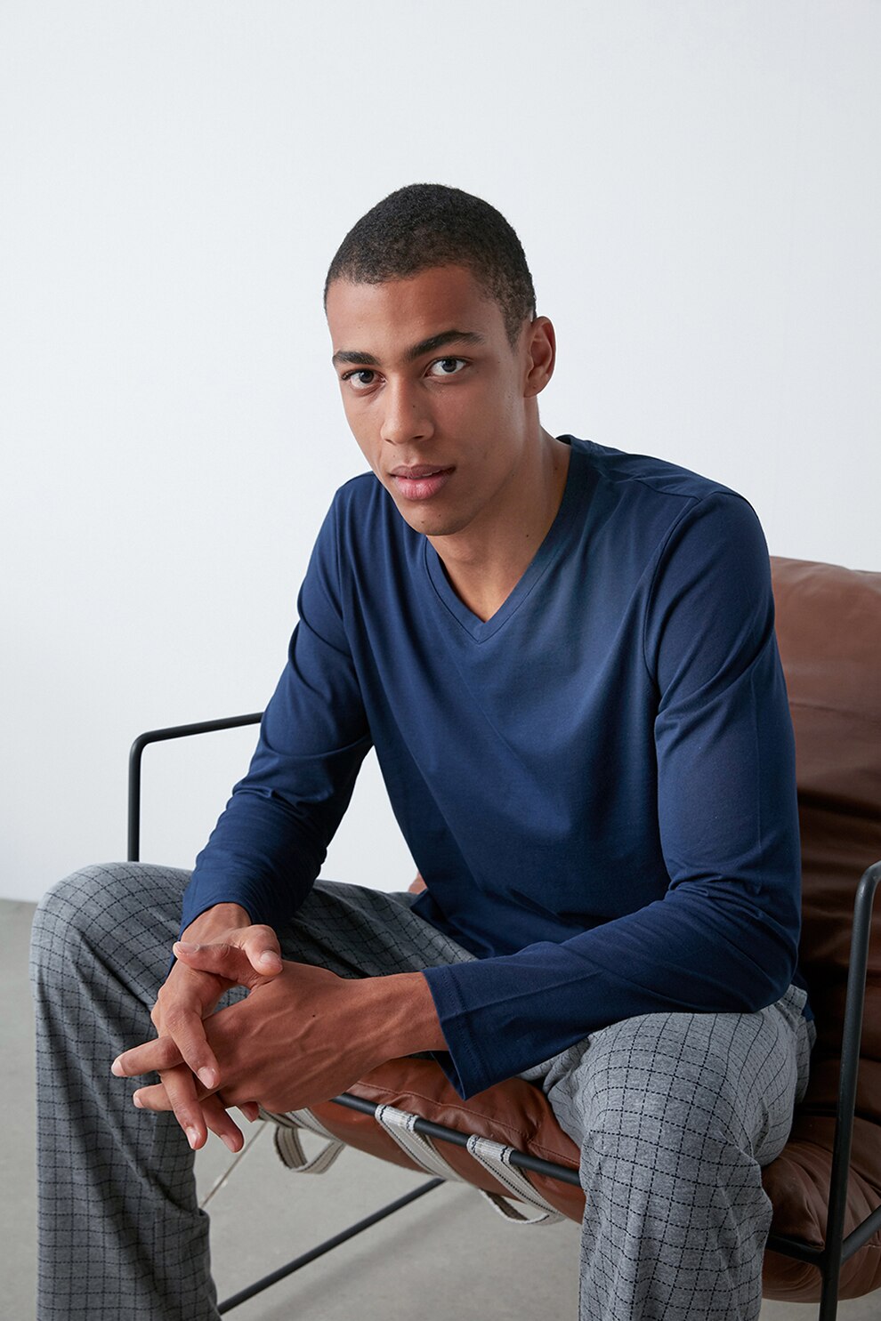 Penti, Pijama lunga cu model in carouri, Bleumarin/ Gri