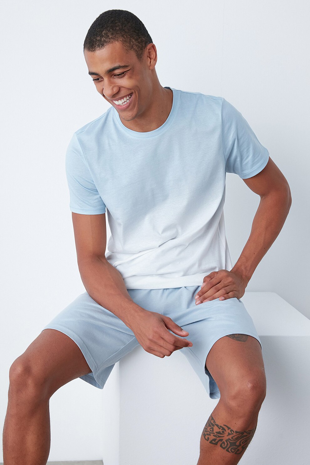 Penti, Pijama scurta din bumbac cu model in degrade, Bleu/Alb