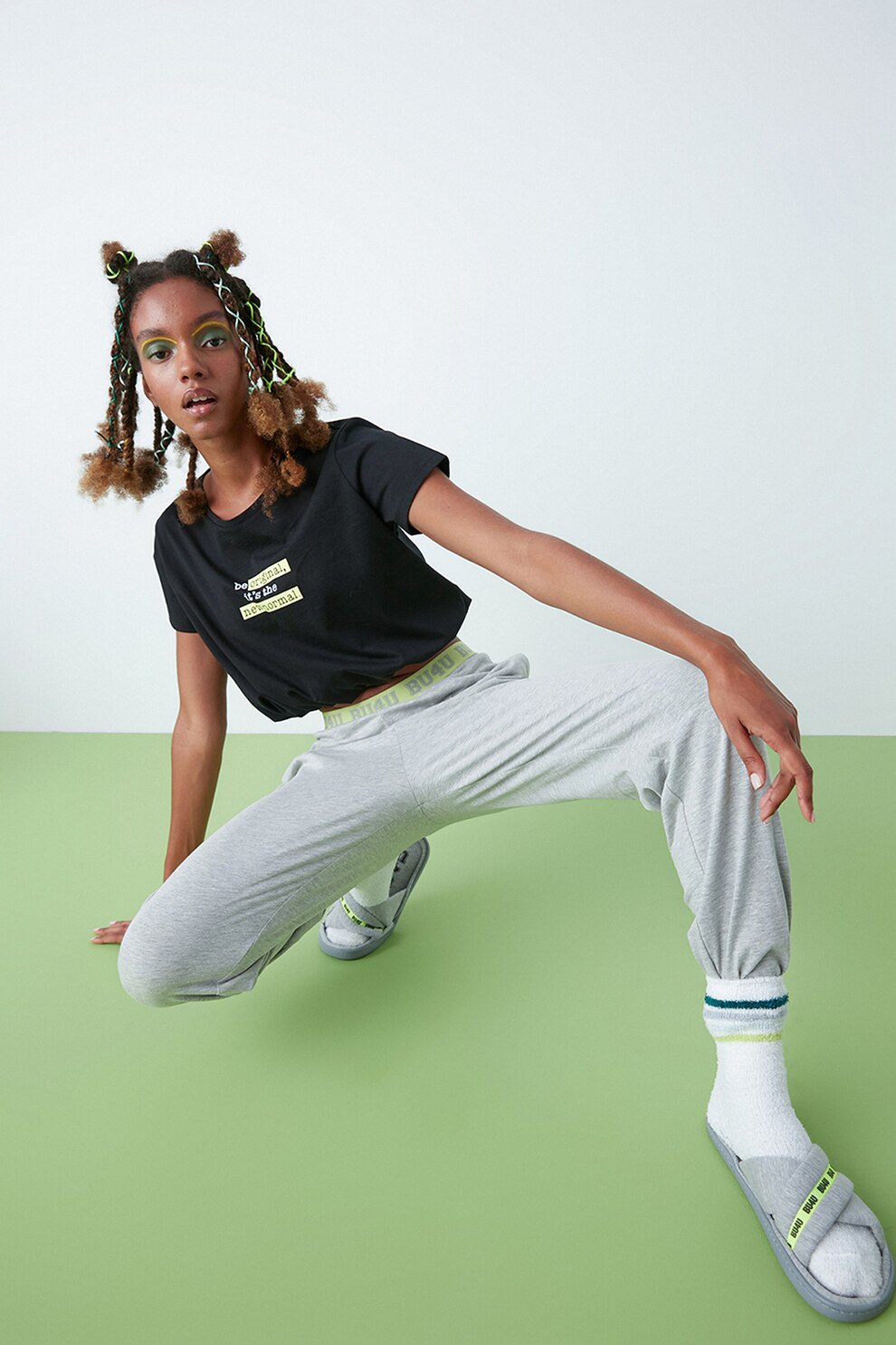 Penti, Tricou de pijama cu imprimeu text, Negru/Gri