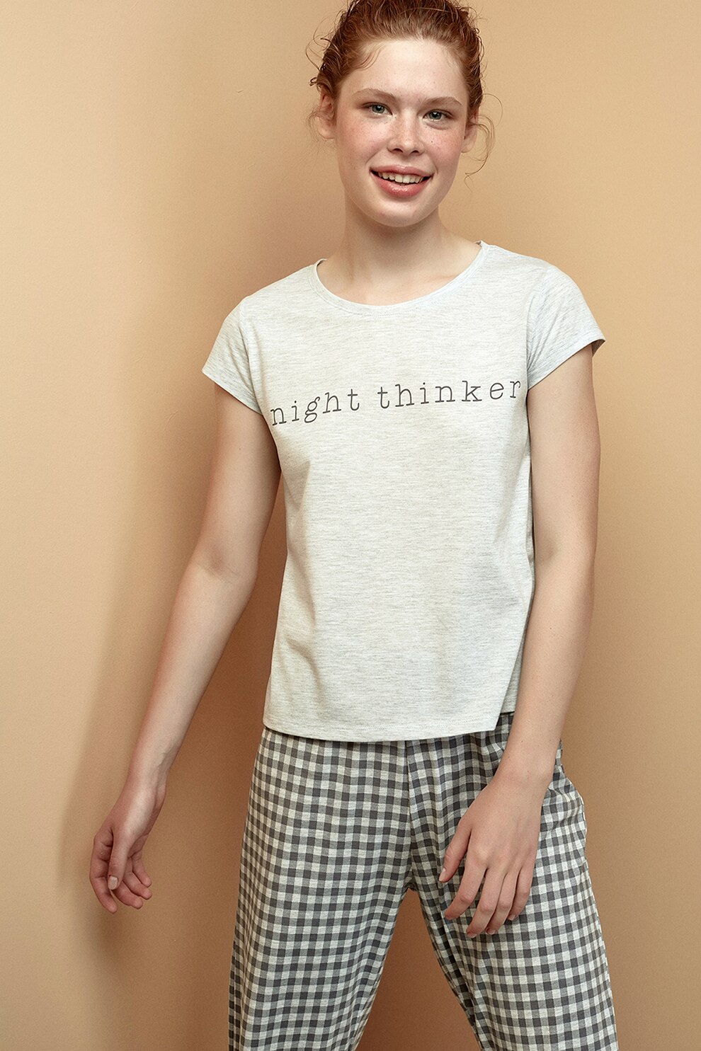 Penti, Pijama din amestec de bumbac cu imprimeu, Gri melange/Negru