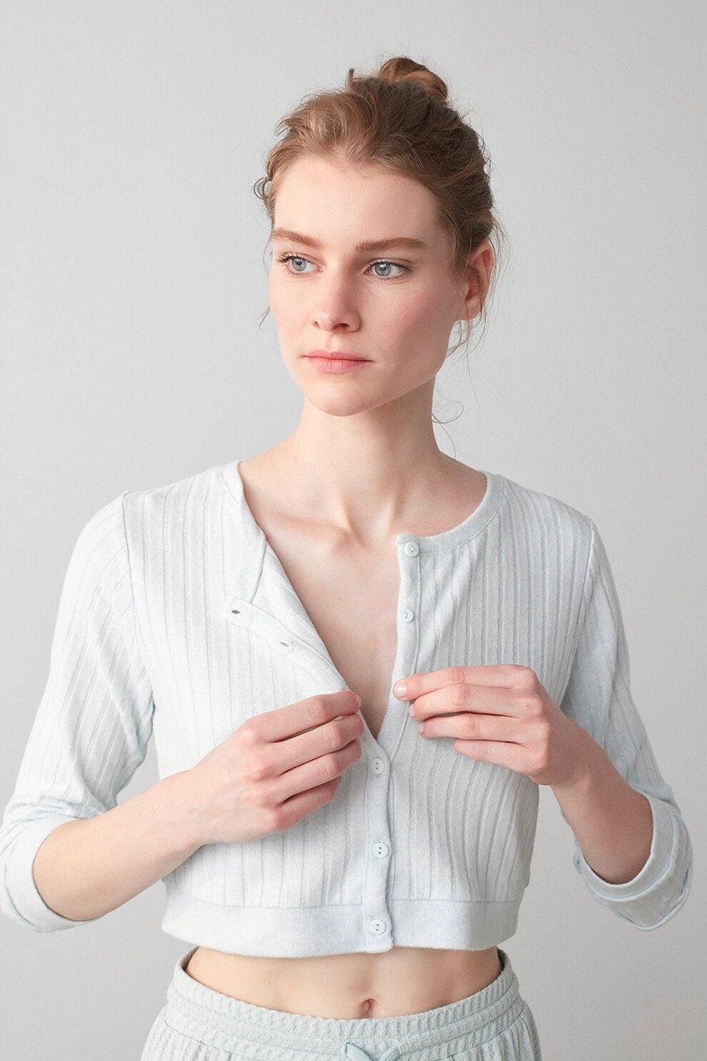 Penti, Bluza crop de pijama cu aspect striat, Albastru deschis