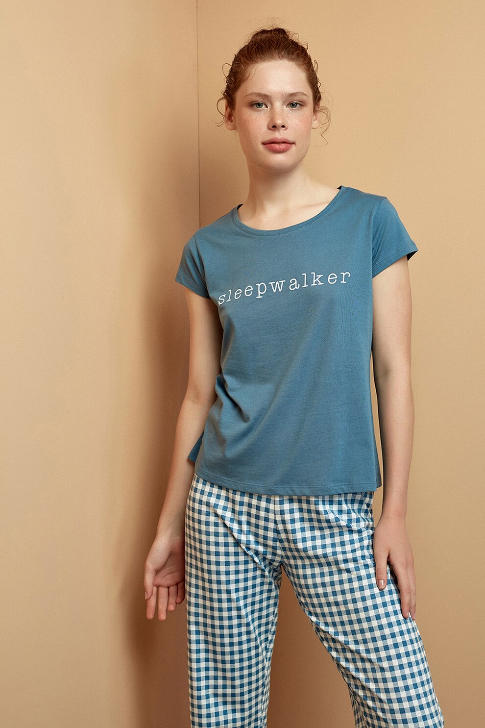 Penti, Pijamale lungi cu imprimeu in carouri, Albastru/Alb