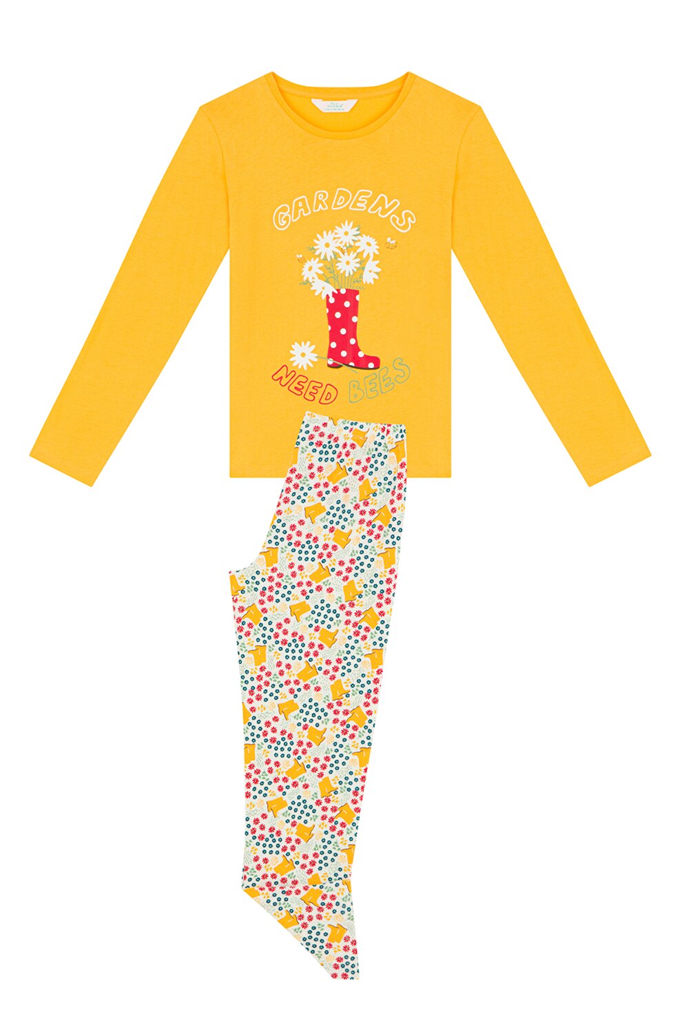 Penti, Pijama din bumbac cu imprimeu, Galben/Alb/Verde