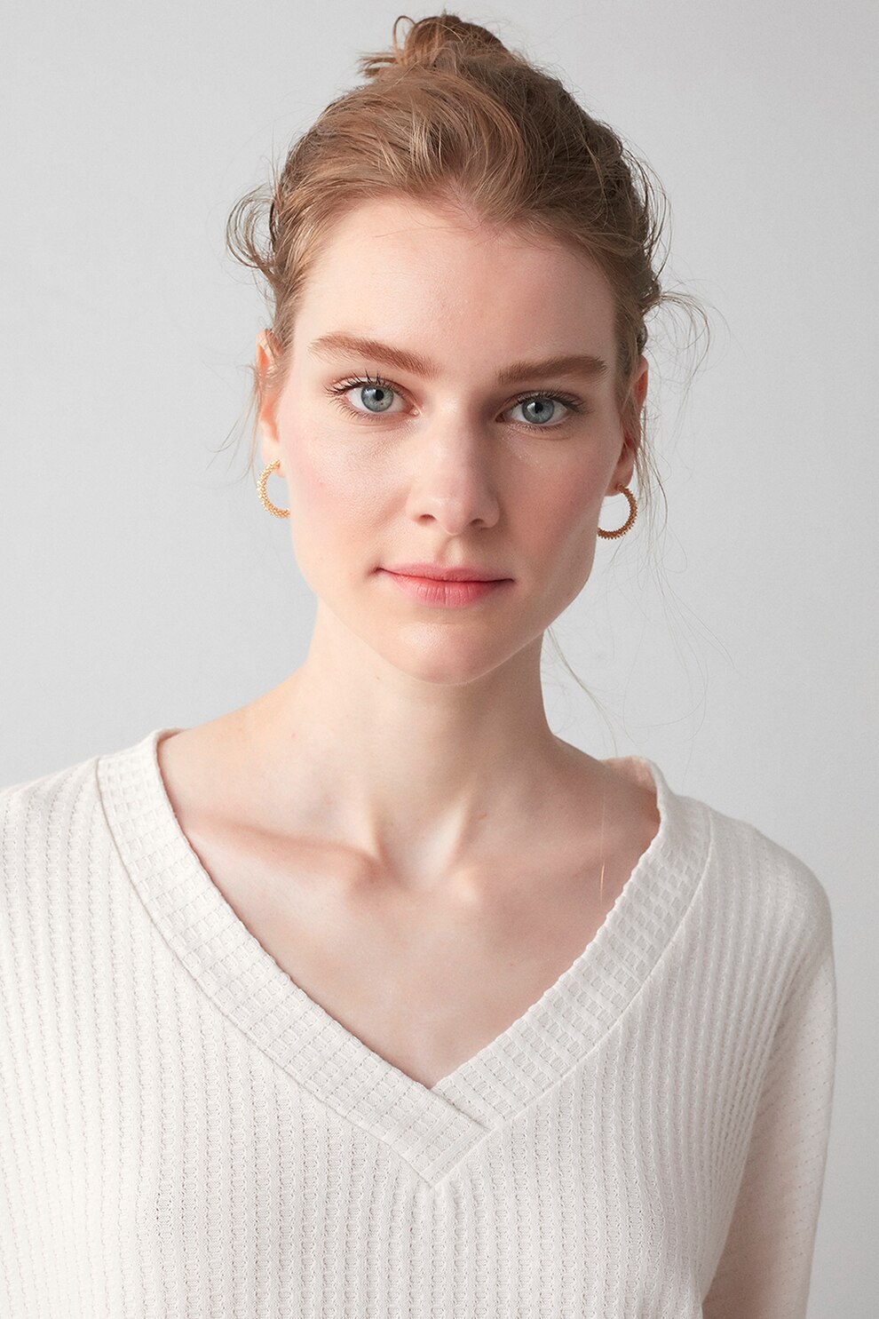 Penti, Bluza de pijama cu decolteu in V si aspect texturat, Alb fildes