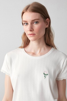 Penti, Pijama din bumbac cu imprimeu in dungi, Alb/Roz piersica Penti, Pijama din bumbac cu imprimeu in dungi, Alb/Roz piersica