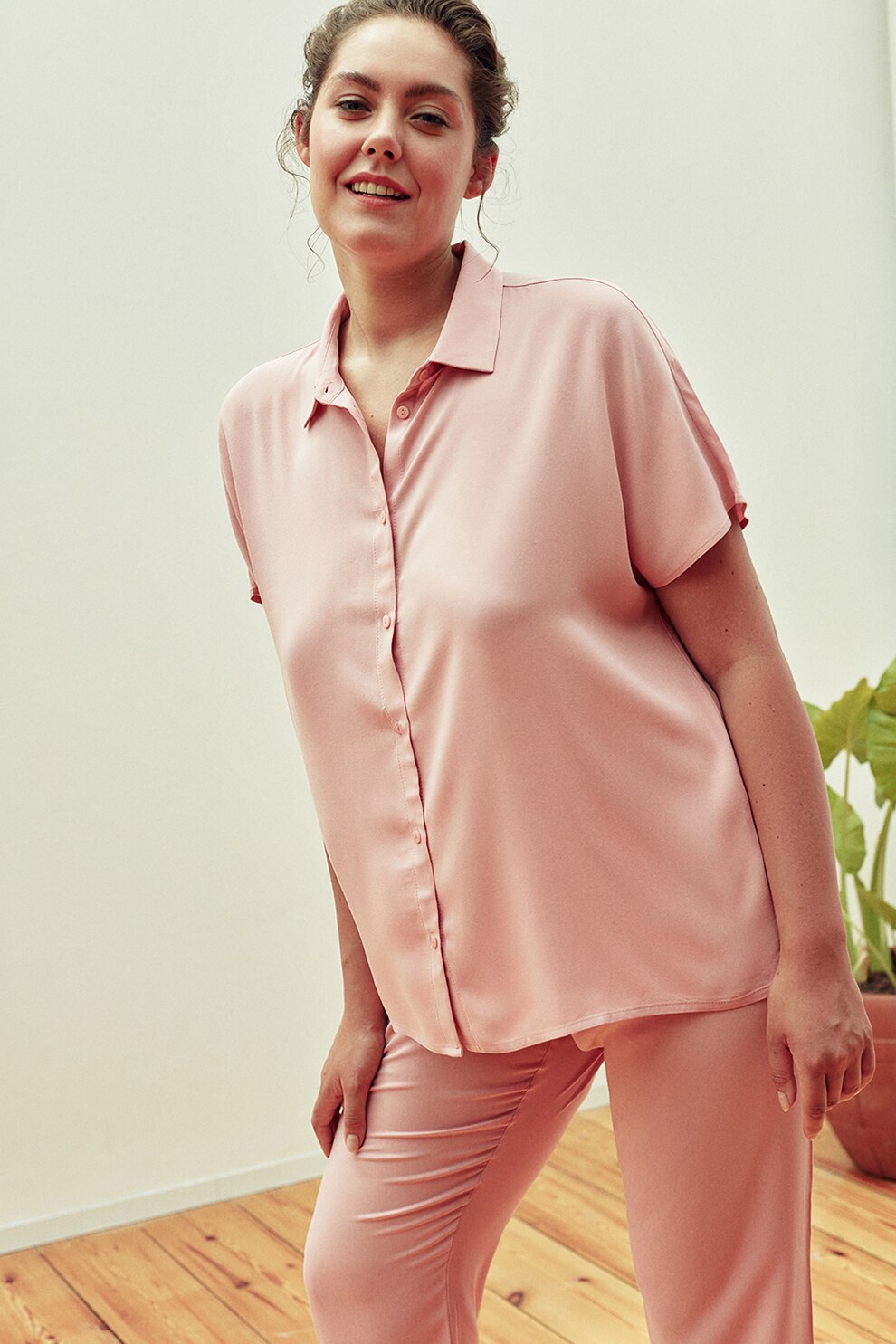 Penti, Pijama din viscoza cu guler ascutit, Roz, M