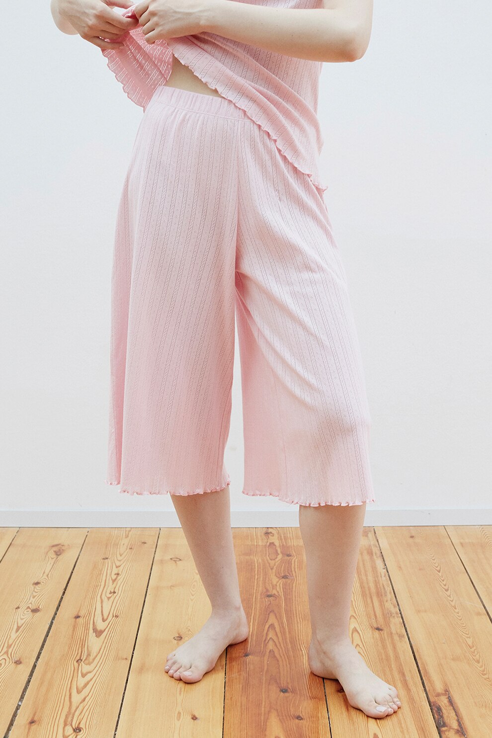 Penti, Pijama din bumbac cu terminatii valurite, Roz pastel