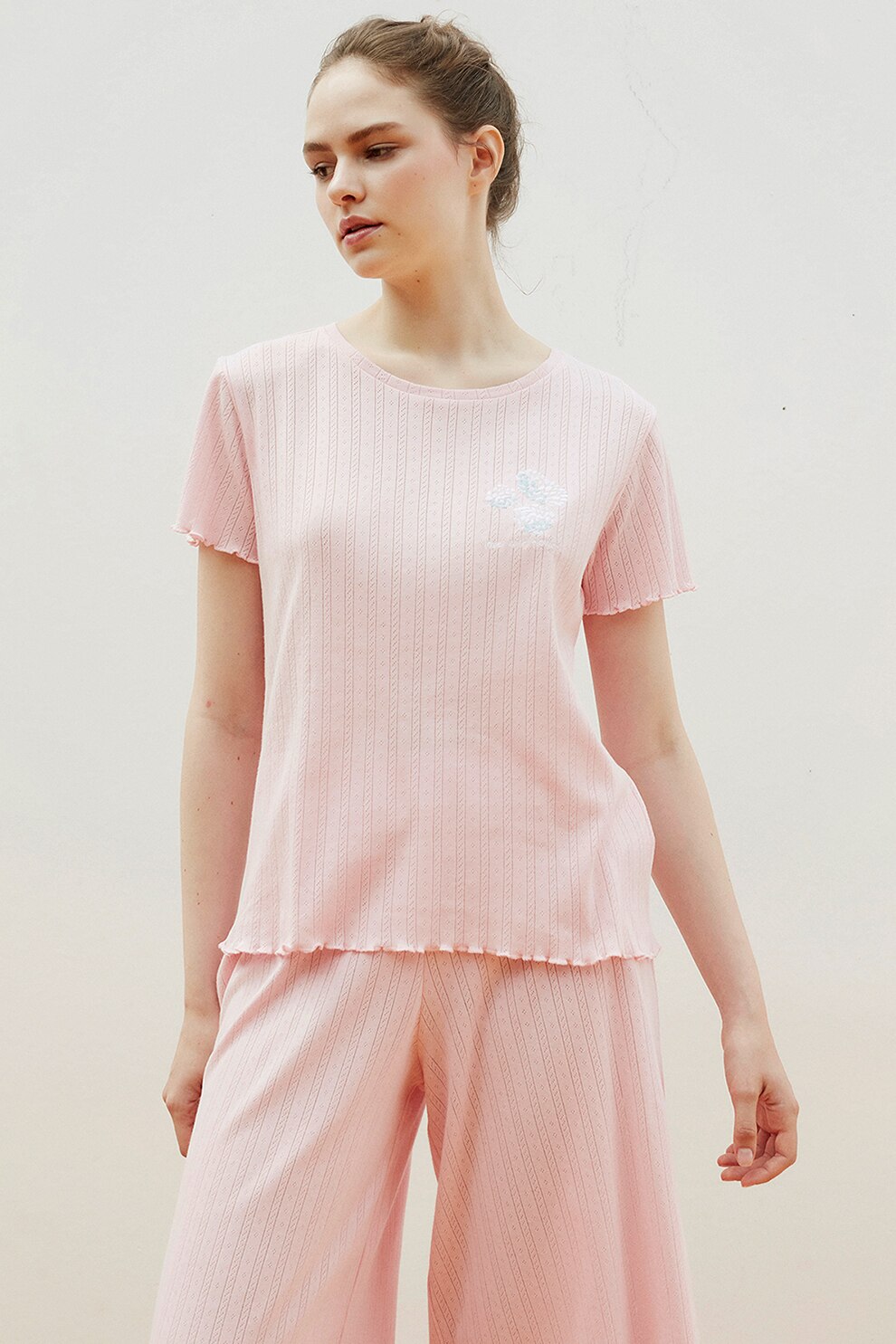 Penti, Tricou de pijama cu terminatii cu fronseuri, Roz pastel/Albastru