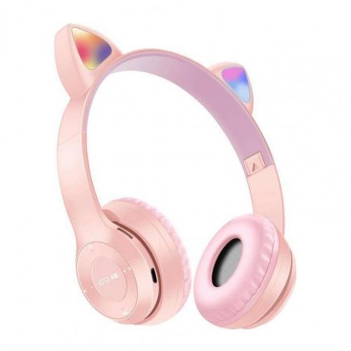 Casti Over-Ear P47M Wireless 5.0, Microfon, McroSD, Urechi de Pisica cu Lumini, Pink