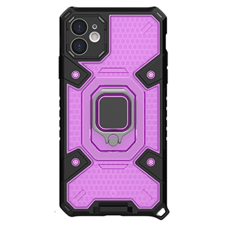 Husa pentru Apple iPhone 11, Next Level Hybrid, Protectie completa si functii multiple (Ring Holder, Stand, Suport Telefon - auto), Army Armor Shield, Hexa Gaming Design, Optim Tech, Violet