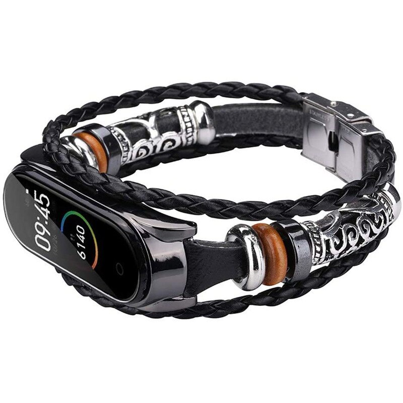 Curea de schimb din impletita din piele la moda compatibil Xiaomi Mi Band 5 / Mi Band 6, Lungime 21.5 cm, Negru/Negru