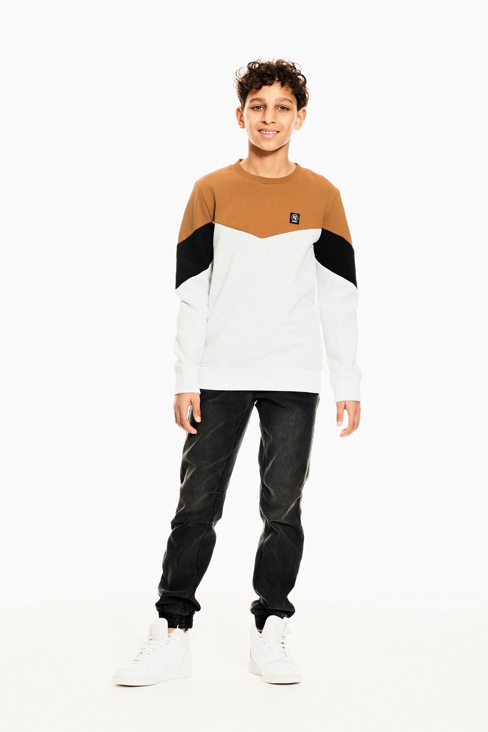 Garcia, Bluza sport colorblock cu decolteu la baza gatului, Gri deschis/Maro