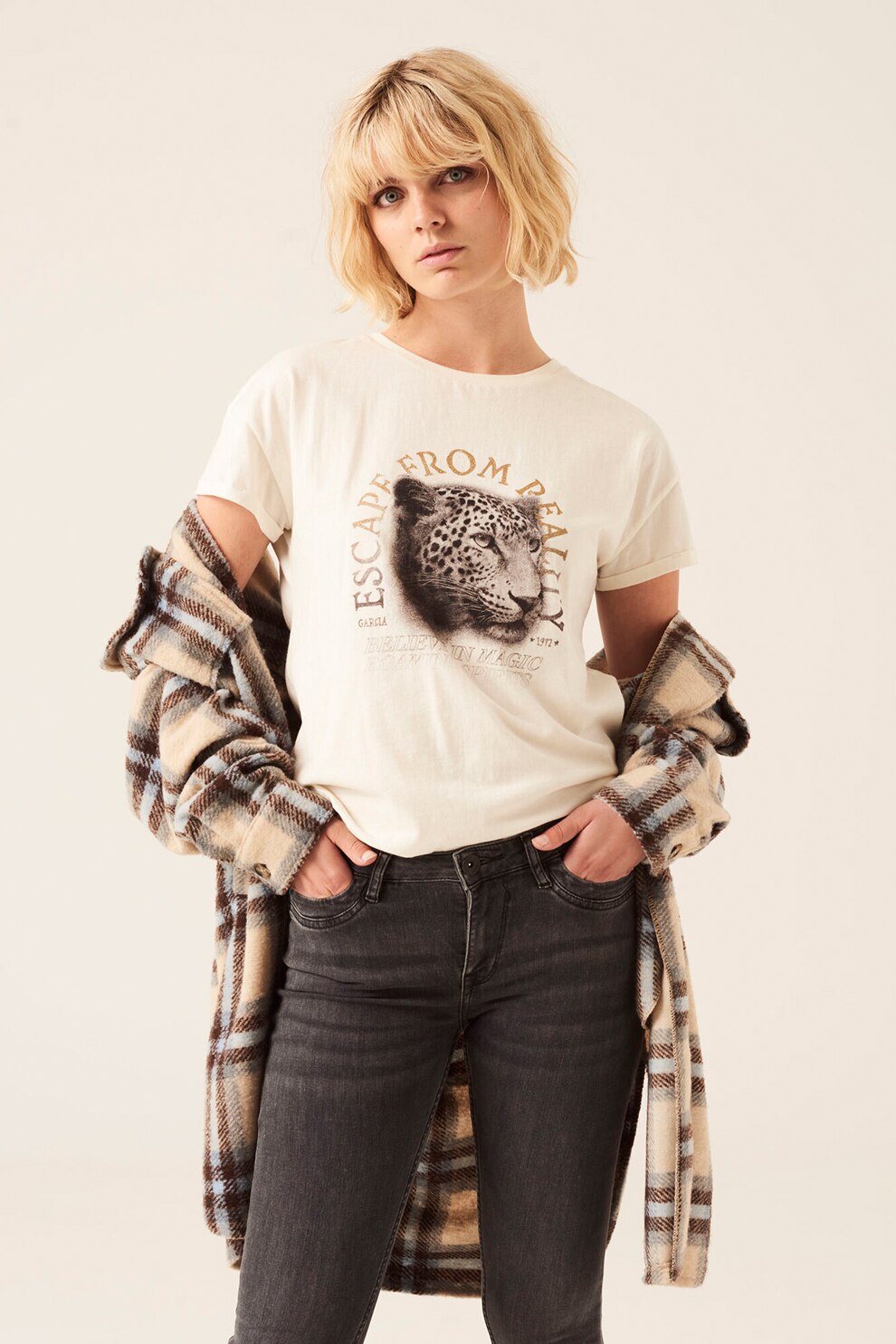 Garcia, Jacheta lunga in carouri cu buzunare pe piept, Bej/albastru/maro