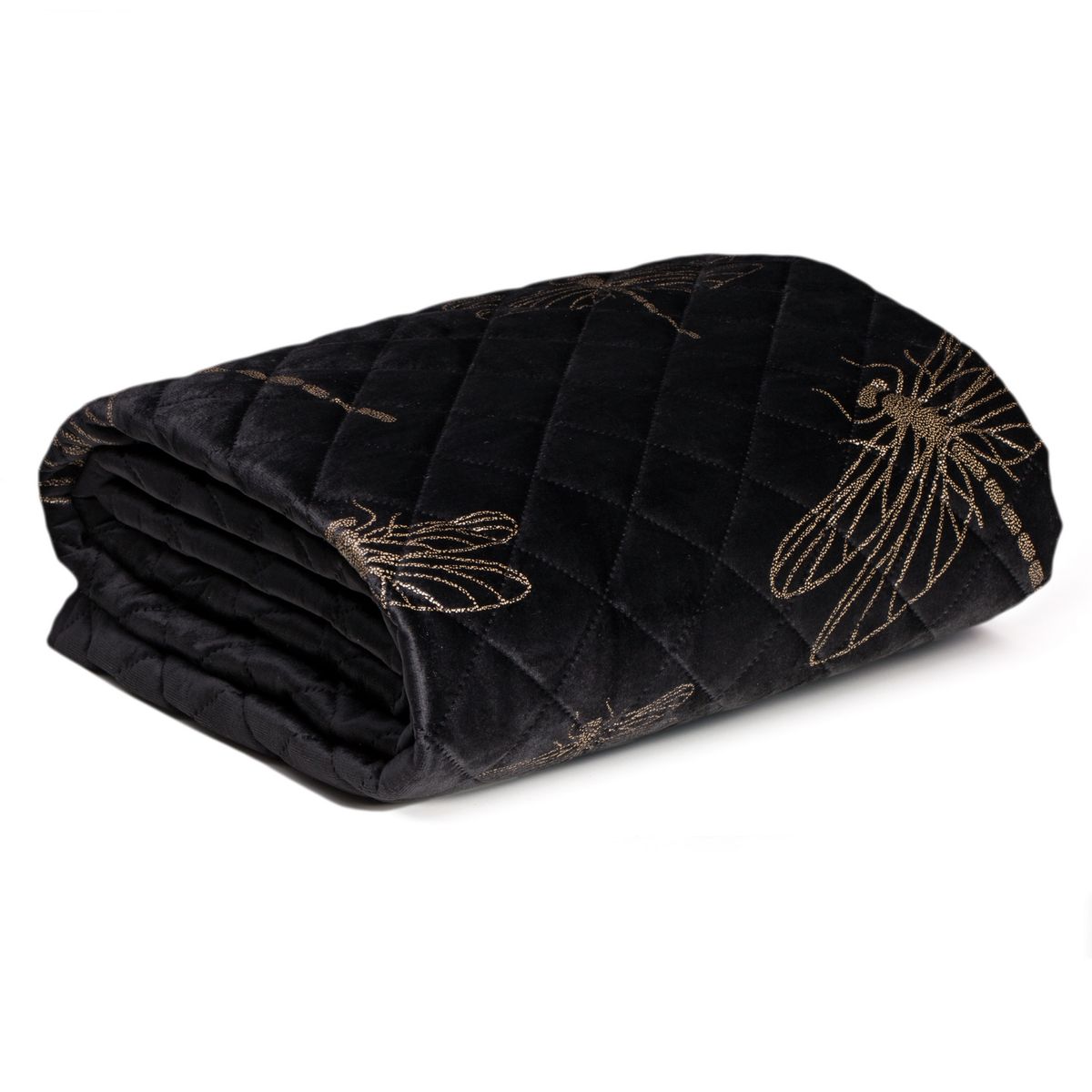 Cuvertura de Pat decorativa, Eurofirany, 170x210, LORI, matlasat negru cu libelule aurii