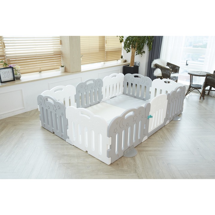 Spatiu de joaca Caraz Saftey Fance, modular cu 10 panouri, picioare antialunecare, Alb