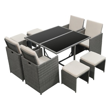 Set mobilier gradina, en.casa, Cieza DG, 73 x 110 x 110 cm, otel/poliratan, gri inchis/bej, cu 9 piese si 12 perne Set mobilier gradina, en.casa, Cieza DG, 73 x 110 x 110 cm, otel/poliratan, gri inchis/bej, cu 9 piese si 12 perne