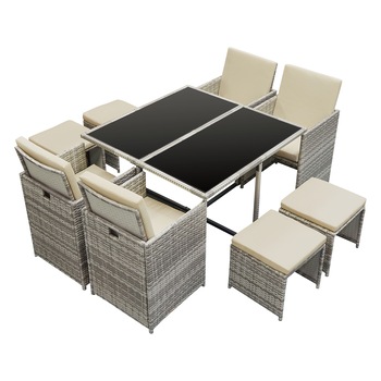Set mobilier gradina, en.casa, Cieza GM, 73 x 110 x 110 cm, otel/poliratan, gri melir/crem, cu 9 piese si 12 perne Set mobilier gradina, en.casa, Cieza GM, 73 x 110 x 110 cm, otel/poliratan, gri melir/crem, cu 9 piese si 12 perne