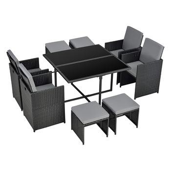Set mobilier gradina, en.casa, Cieza S, 73 x 110 x 110 cm, otel/poliratan, negru/gri inchis, cu 9 piese si 12 perne Set mobilier gradina, en.casa, Cieza S, 73 x 110 x 110 cm, otel/poliratan, negru/gri inchis, cu 9 piese si 12 perne