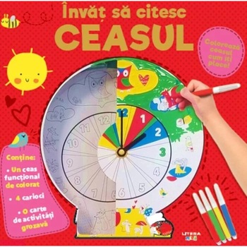 Invat sa citesc ceasul. Coloreaza ceasul cum iti place! Contine 1 ceas functional de colorat, 4 carioci si o carte de activitati grozava Invat sa citesc ceasul. Coloreaza ceasul cum iti place! Contine 1 ceas functional de colorat, 4 carioci si o carte de activitati grozava