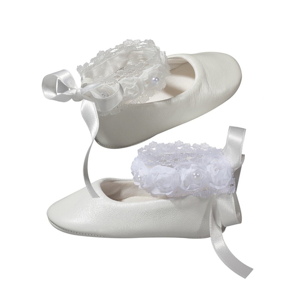 Pantofi Babywalker cu funda si dantela, Piele naturala, Alb, 16-17, 10.5-11 cm, 0-6 luni