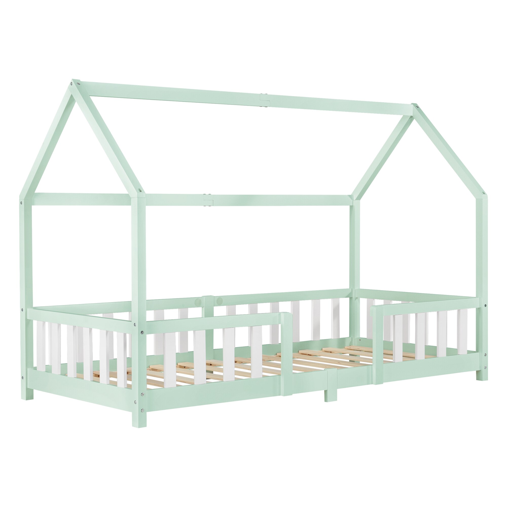 Pat copii Sisimiut MW200, en.casa, 207 x 96 x 140 cm, 100 Kg, lemn de brad/furnir, verde/alb