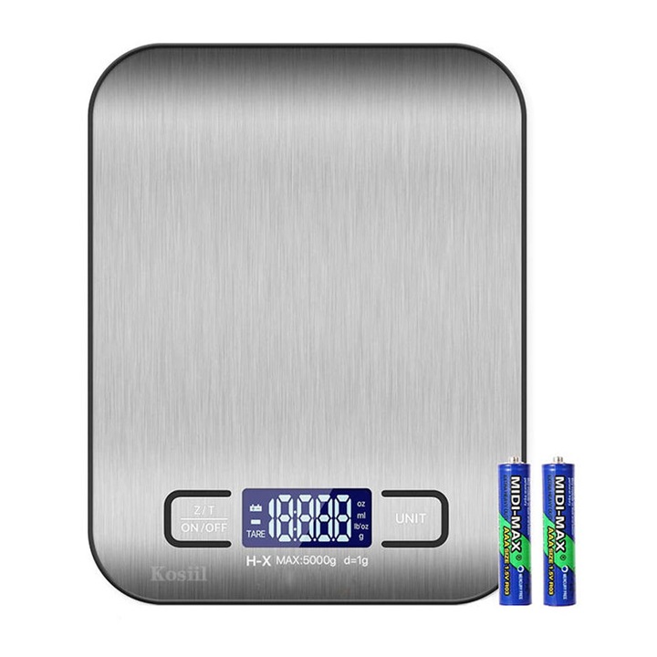 Cantar digital de bucatarie, Kosiil, Otel inoxidabil, Capacitate 5 kg, Argintiu