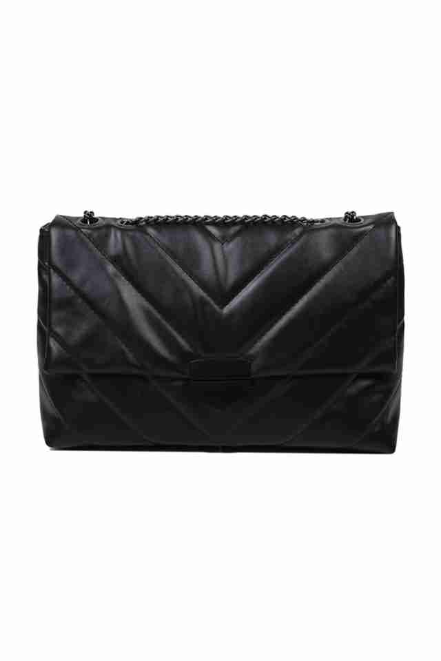 Geanta de dama Scarlet neagra din piele ecologica matalasata cu lant metalic, 28 x 19 x 8 cm